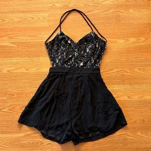 Sexy Black Lace Backless Romper with Pockets